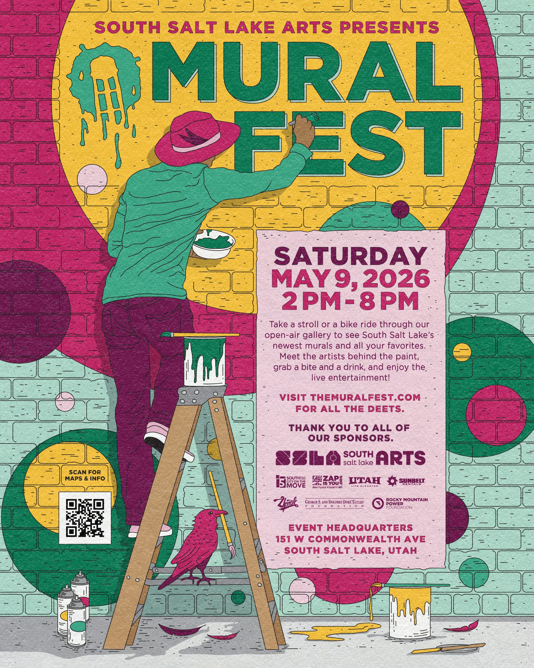 Mural Fest 2026 poster with information regarding the event on May 9, 2026 from 2-8pm at the event headquarters at 151 W Commonwealth Ave